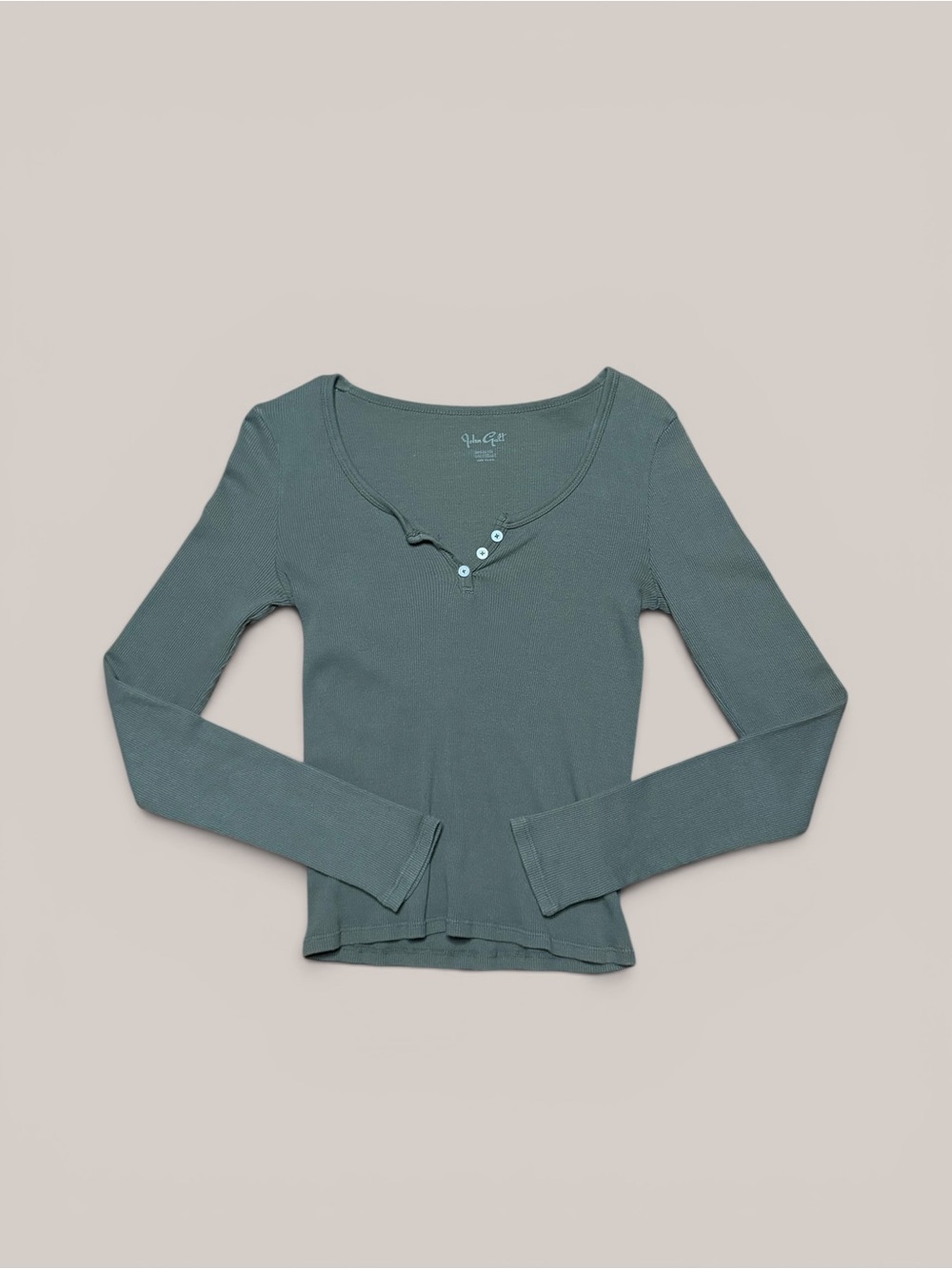 John Galt Olive Green Fitted Ribbed Long Sleeve Henley Top